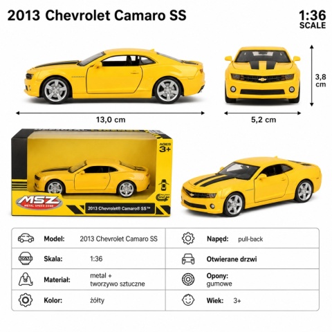 Model metalowy 2013 Chevrolet Camaro SS MSZ żółty pull-back