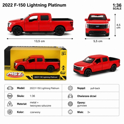 Model metalowy 2022 Ford F-150 Lightning Platinum MSZ czerwony pull-back