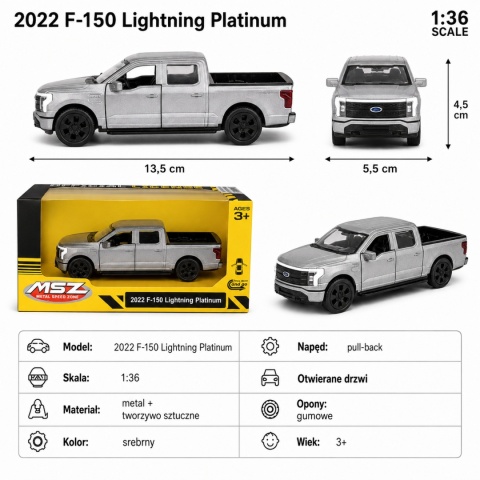 Model metalowy 2022 Ford F-150 Lightning Platinum MSZ szary pull-back