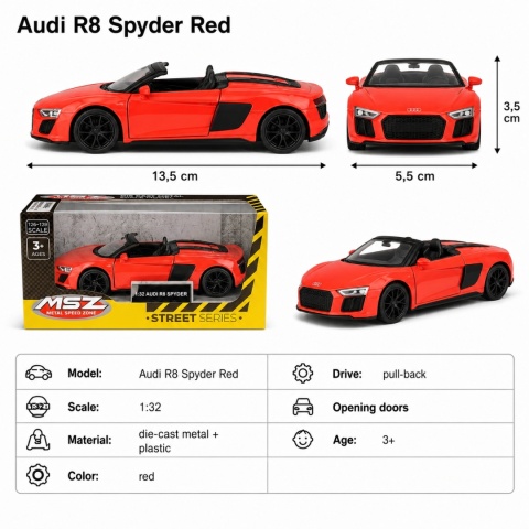 Model metalowy Audi R8 Spyder MSZ czerwony pull-back