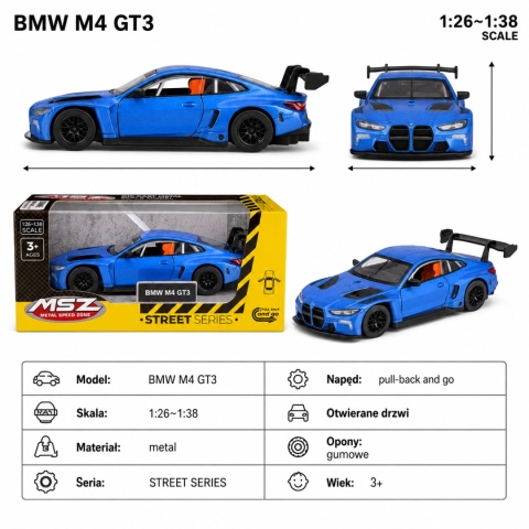 Model metalowy BMW M4 GT3 MSZ niebieski pull-back
