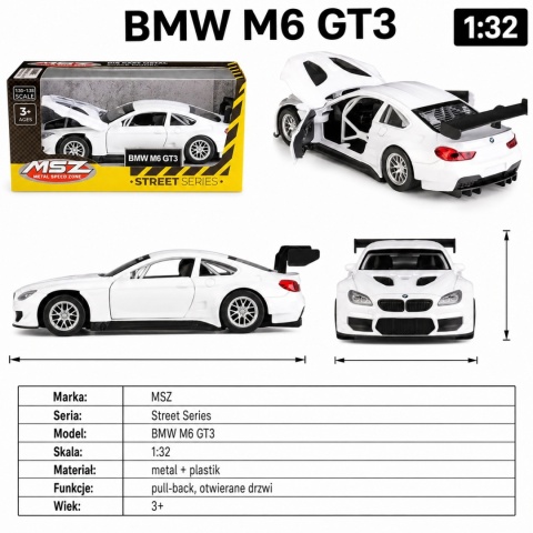 Model metalowy BMW M6 GT3 MSZ biały pull-back 1:32