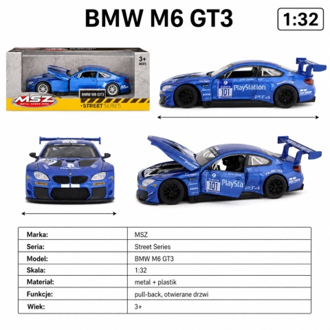 Model metalowy BMW M6 GT3 MSZ niebieski pull-back 1:32