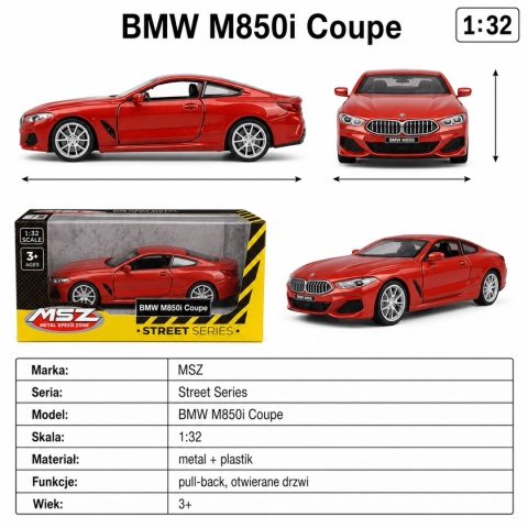 Model metalowy BMW M850i Coupe MSZ czerwony pull-back 1:32