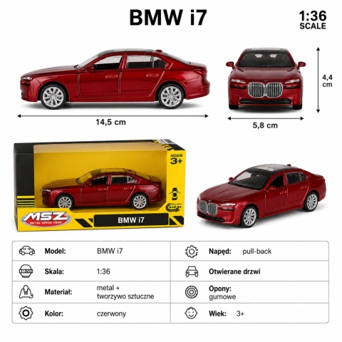 Model metalowy BMW i7 MSZ czerwony pull-back