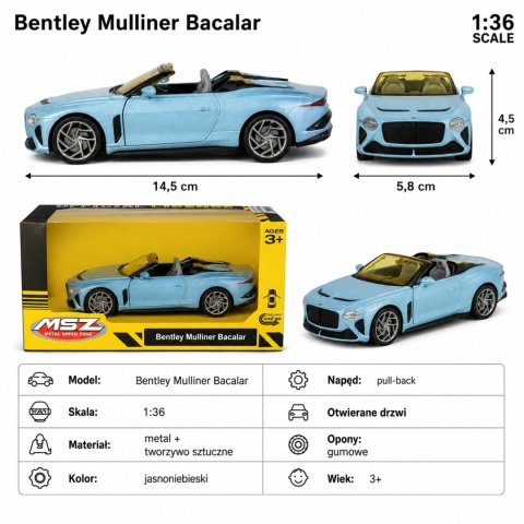 Model metalowy Bentley Mulliner Bacalar MSZ niebieski pull-back