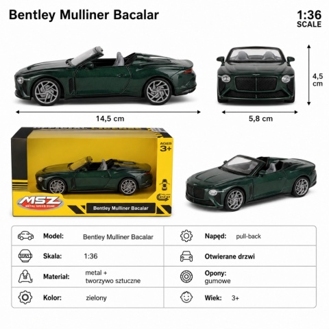 Model metalowy Bentley Mulliner Bacalar MSZ zielony ciemny pull-back