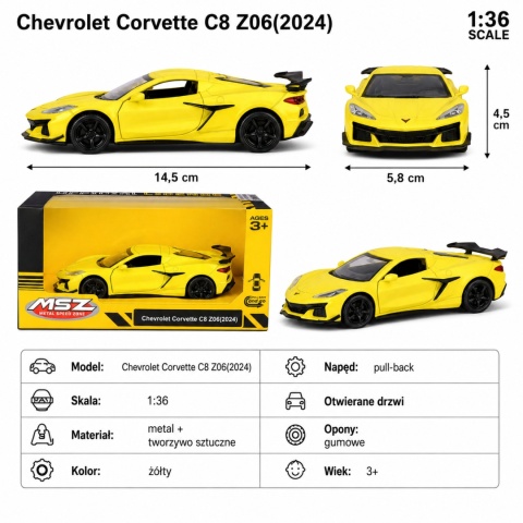 Model metalowy Chevrolet Corvette C8 Z06 2024 MSZ żółty pull-back