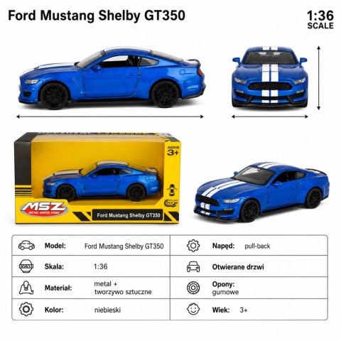 Model metalowy Ford Mustang Shelby GT350 MSZ niebieski pull-back