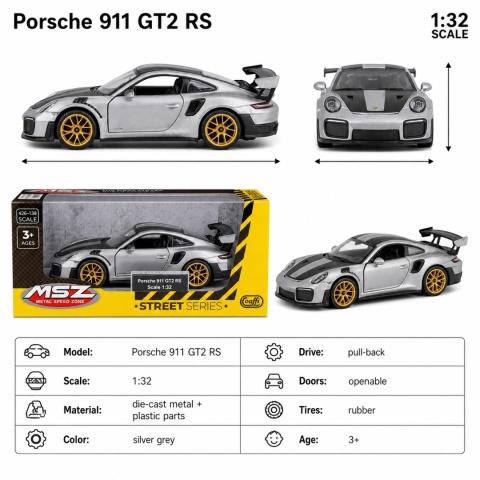 Model metalowy Porsche 911 GT2 RS WP MSZ srebrno-szary pull-back 1:32