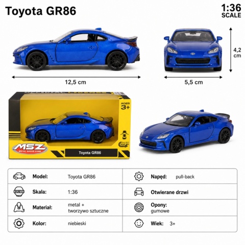 Model metalowy Toyota GR86 MSZ niebieski pull-back
