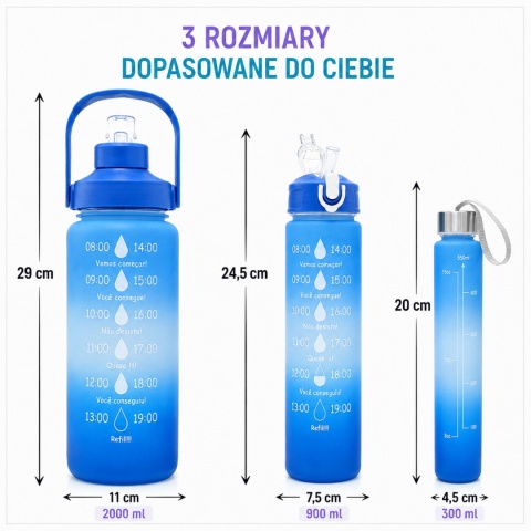 ZESTAW 3SZT BUTELKA NA WODĘ BIDON Z MIARKĄ FITNESS niebieska