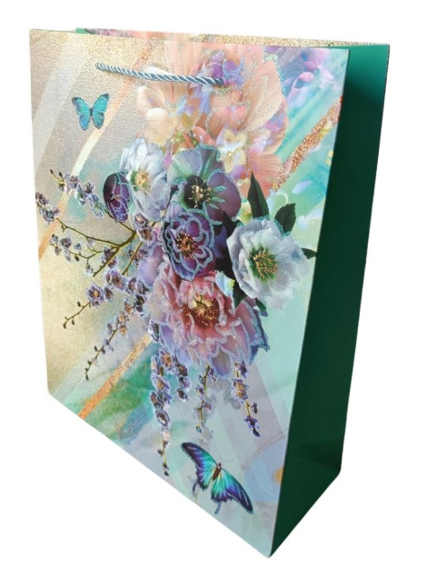 Torebka ozdobna l 30 x 12 x 42 cm kwiaty zielona