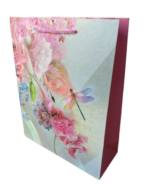 Torebka ozdobna l 30 x 12 x 42 cm kwiaty różowa