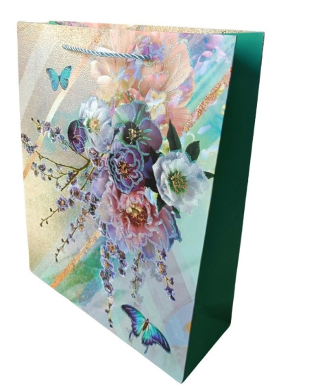 Torebka ozdobna m 26 x 10 x 32 cm kwiaty zielona