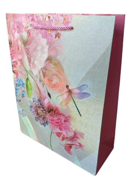 Torebka ozdobna m 26 x 10 x 32 cm kwiaty różowa