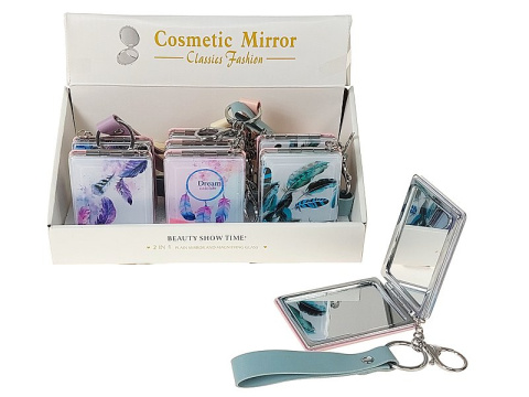 Lusterko z z płynnym brokatem i brelokiem 8x6x1cm piórka kwadratowe