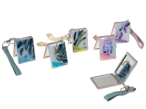 Lusterko z z płynnym brokatem i brelokiem 8x6x1cm piórka kwadratowe