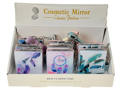 Lusterko z z płynnym brokatem i brelokiem 8x6x1cm piórka kwadratowe